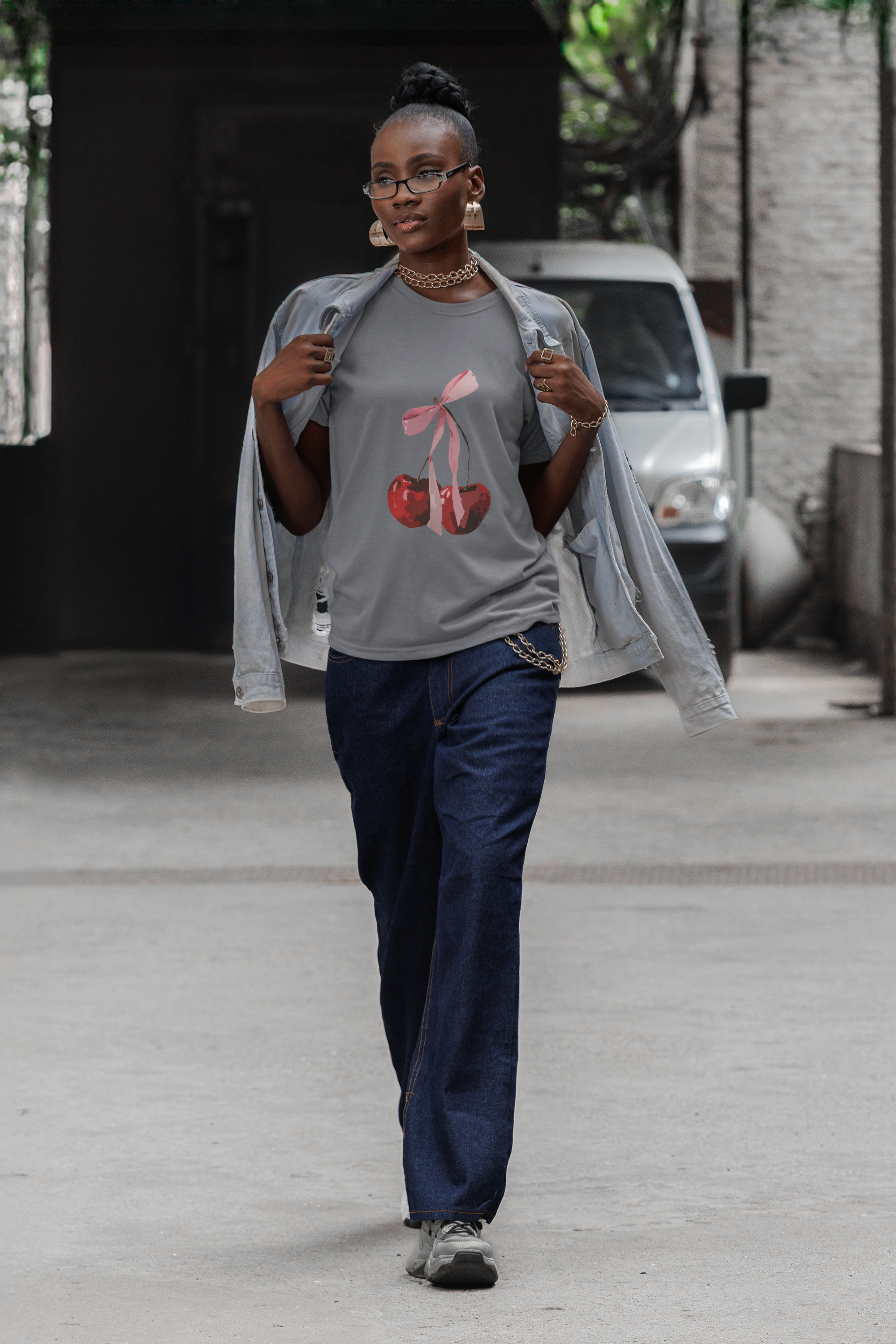 Cherry charm with pink ribbon Tee