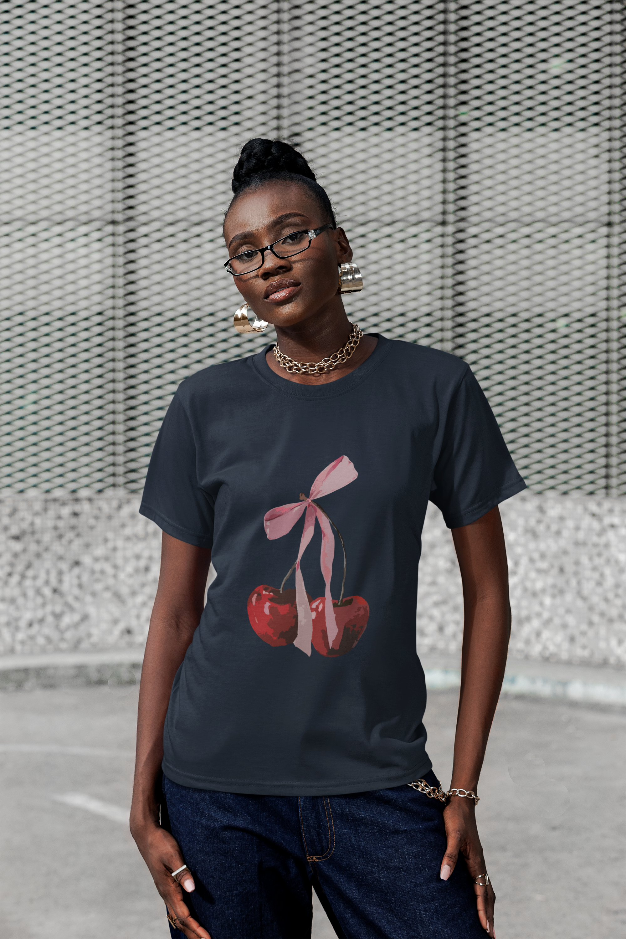 Cherry charm with pink ribbon Tee